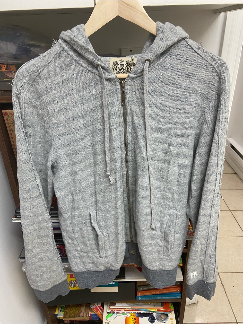 Juicy Couture Y2K Men's Light Gray Striped Zip-Up Distressed Hooded Sweater
